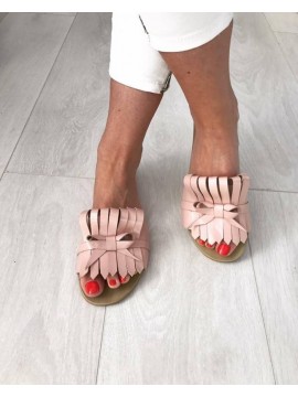 Papuci piele naturala cu franjuri roz sidef      - shop designeri romani